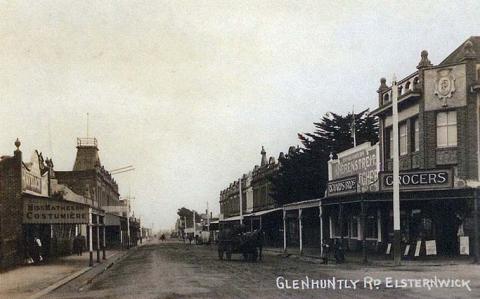 Glenhuntly Road, Elsternwick, c1909. Shops include H. Herenstreit Butcher establ