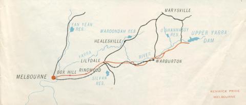 Road and Rail Map from Melbourne to the Upper Yarra Dam, 1954