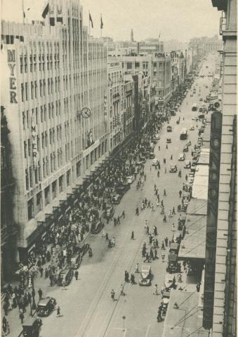 Bourke Street, showing Myer & Foys buildings, Melbourne, c1937