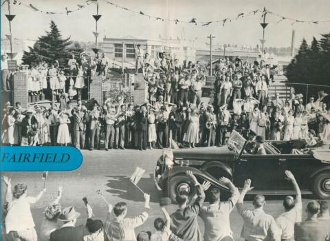 The Queen and Duke of Edinburgh passing the gates of the Fairfield Mill, 1954