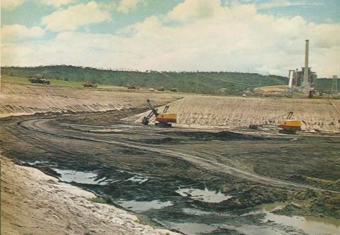 Brown coal open-cut with powerhouse in the background, Anglesea, 1970