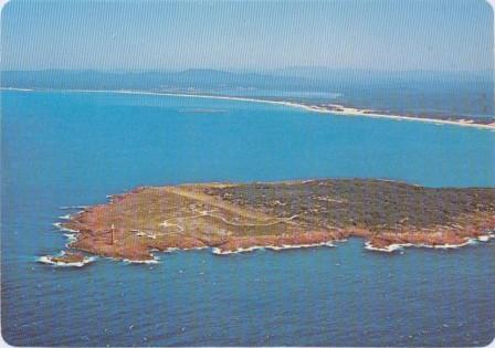 Aerial view of Gabo Island with Mallacoota Lakes and Genoa Peak in background