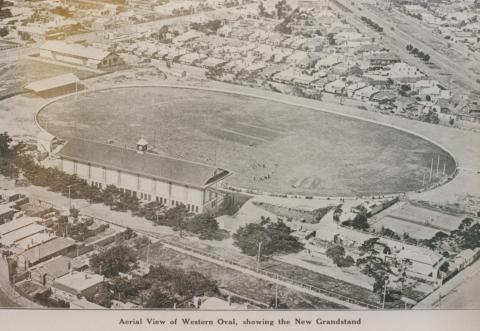 Aerial view of western oval showing new grandstand, Footscray, 1929