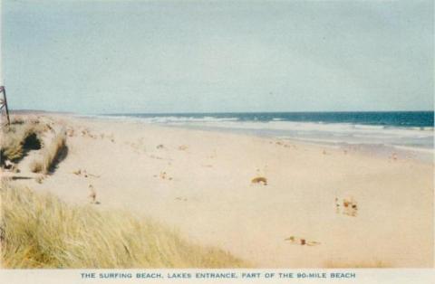 The surfing beach, Lakes Entrance, part of the 90-mile beach, 1955