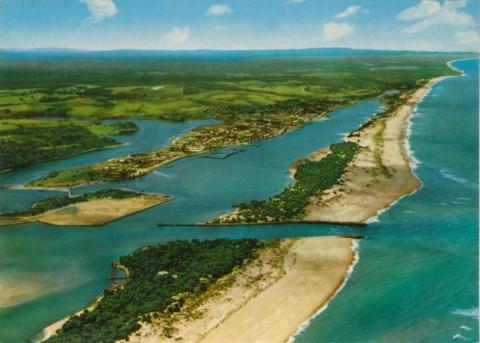 Aerial view showing the Entrance with township in background, Lakes Entrance