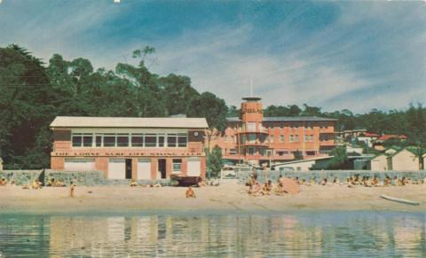 Beach at Lorne with Life Saving Club in foreground and Cumberland Guest House in background