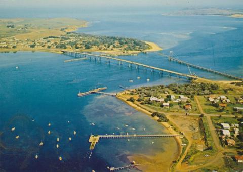 Aerial view of Newhaven, Phillip Island Bridge and San Remo, 1971