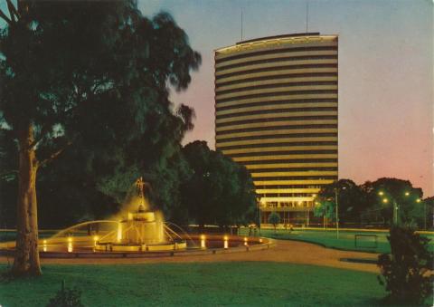 Sir Macpherson Robertson Fountain with BP building, St Kilda Road, Melbourne, 1973