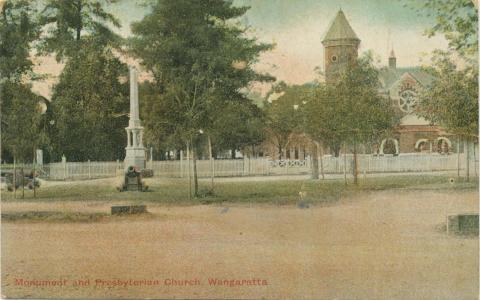Monument and Presbyterian Church, Wangaratta, 1908