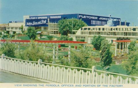 View showing the pergola, offices and portion of the factory, Fletcher Jones, Pleasant Hill, Warrnambool