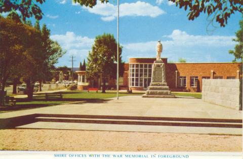 Shire Offices with War Memorial in foreground, Wodonga, 1965