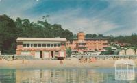 Beach at Lorne with Life Saving Club in foreground and Cumberland Guest House in background