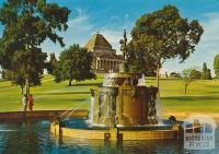 Shrine of Remembrance from south-west with Sir Macpherson Robertson Fountain, Melbourne