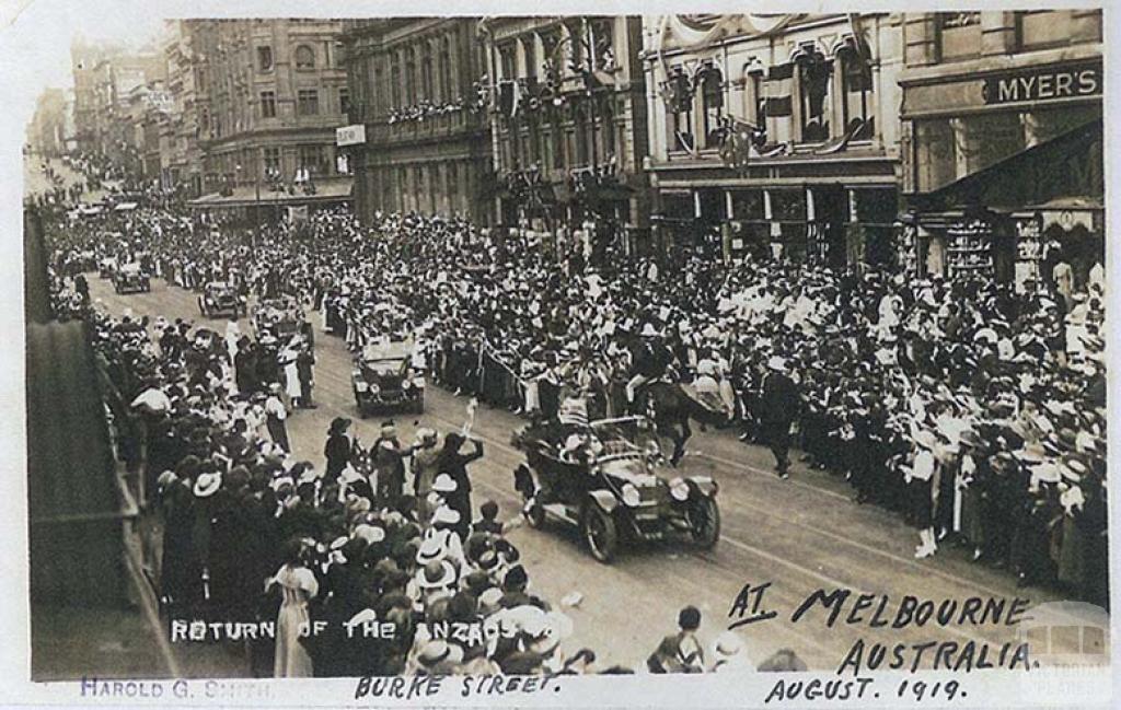 Return of the Anzacs, August 1919. Burke (Bourke) Street, Melbourne Return of the Anzacs, August 1919. Burke (Bourke) Street, Melbourne