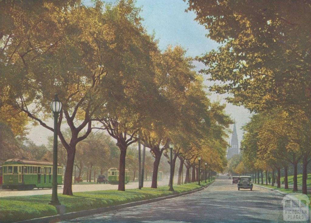 St Kilda Road, St Pauls Cathedral spires in the distance, Melbourne, 1935