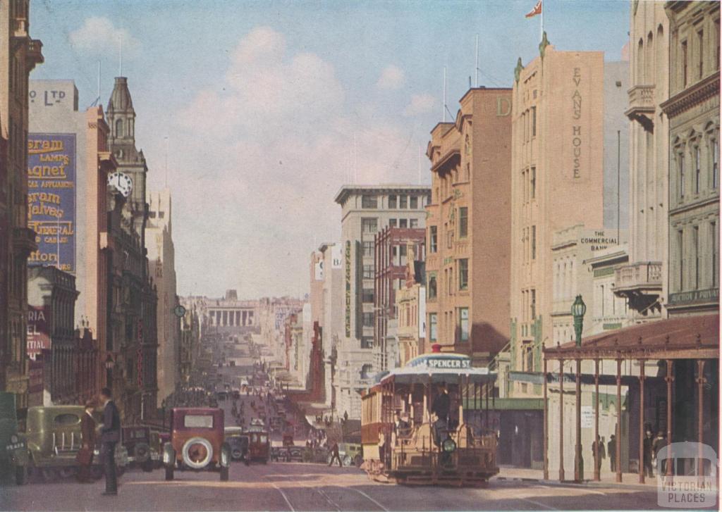 Bourke Street, looking towards Parliament House, Melbourne, 1935