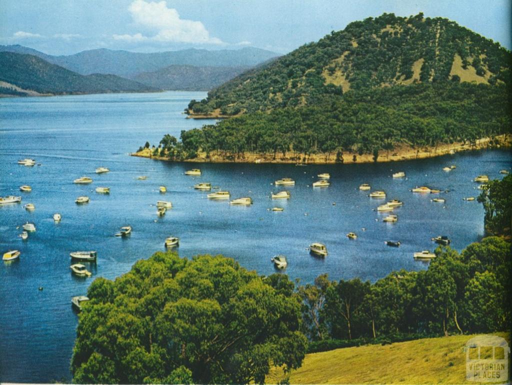 Overlooking the Boating Club Harbour at Eildon Lake, c1958