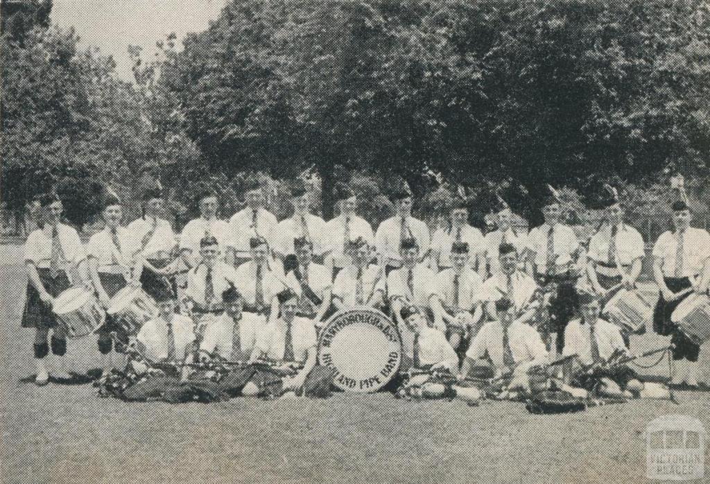 Members of the Pipe Band, Princes Park Oval, Maryborough, 1961