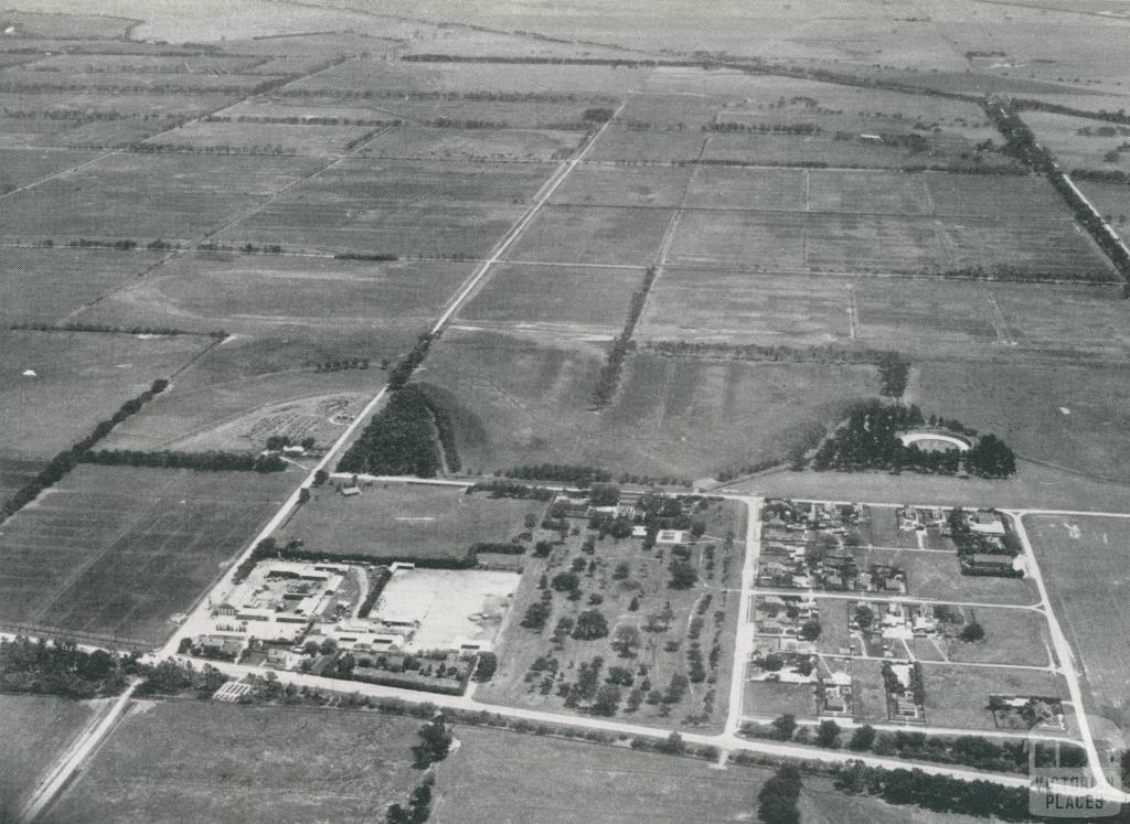 Aerial view of a portion of the Metropolitan Farm, showing Township, Werribee, 1956