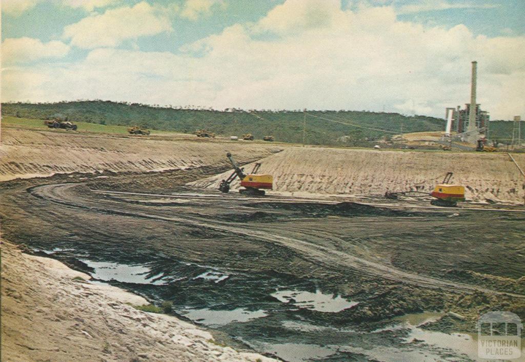Brown coal open-cut with powerhouse in the background, Anglesea, 1970
