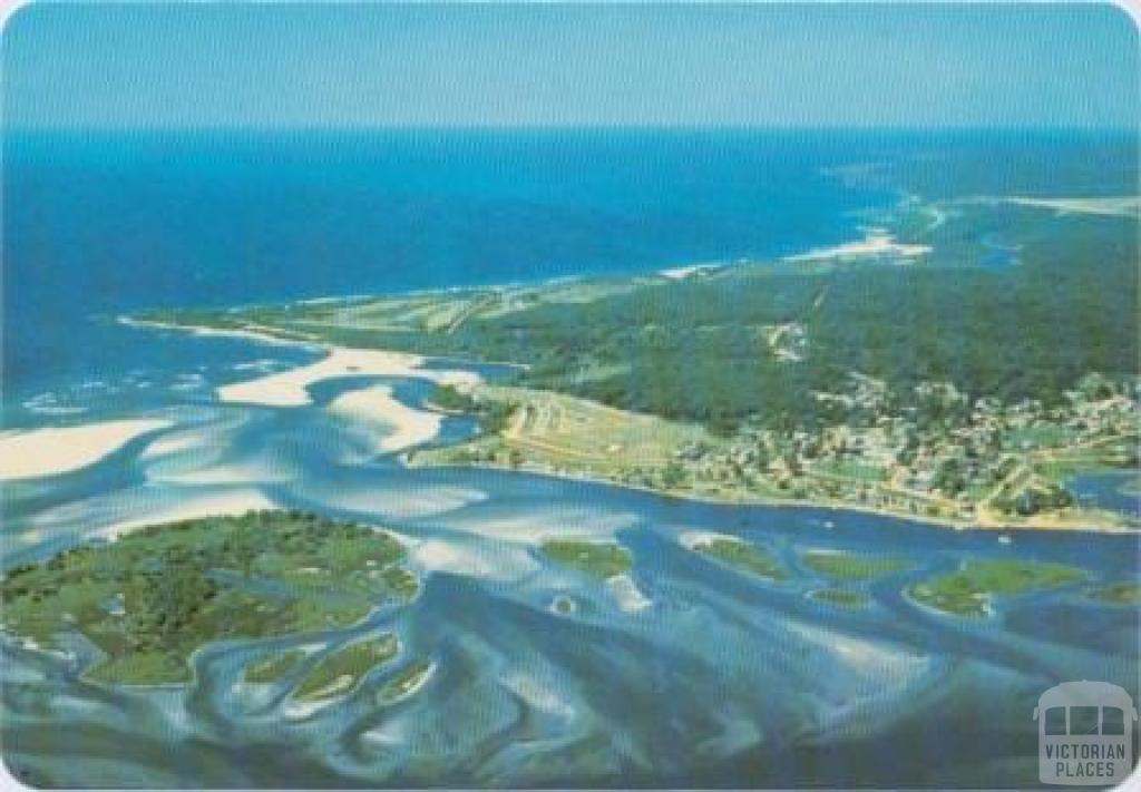 Aerial view of Mallacoota, showing the entrance to the lake system