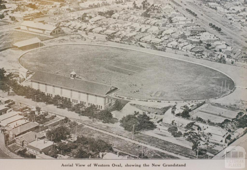 Aerial view of western oval showing new grandstand, Footscray, 1929