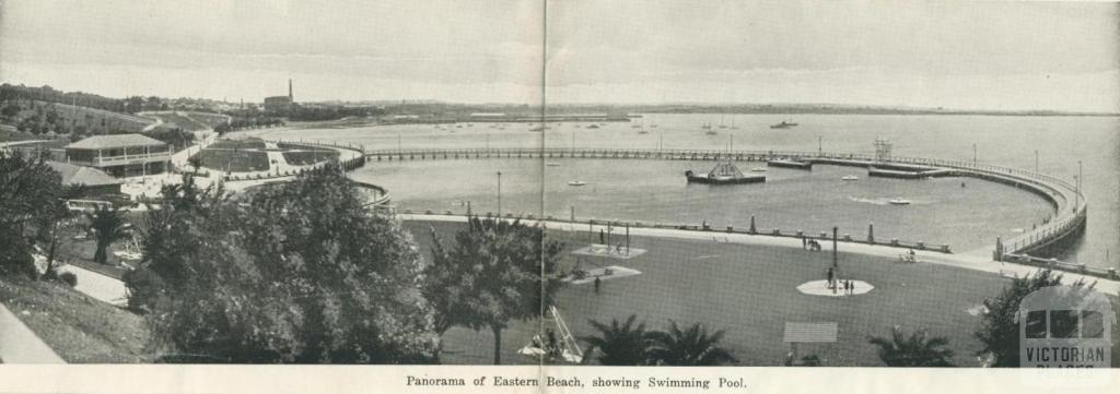 Panorama of Eastern Beach, showing swimming pool, Geelong, 1948