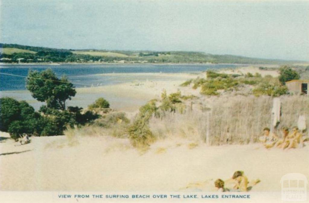 View from surfing beach over the lake, Lakes Entrance, 1955