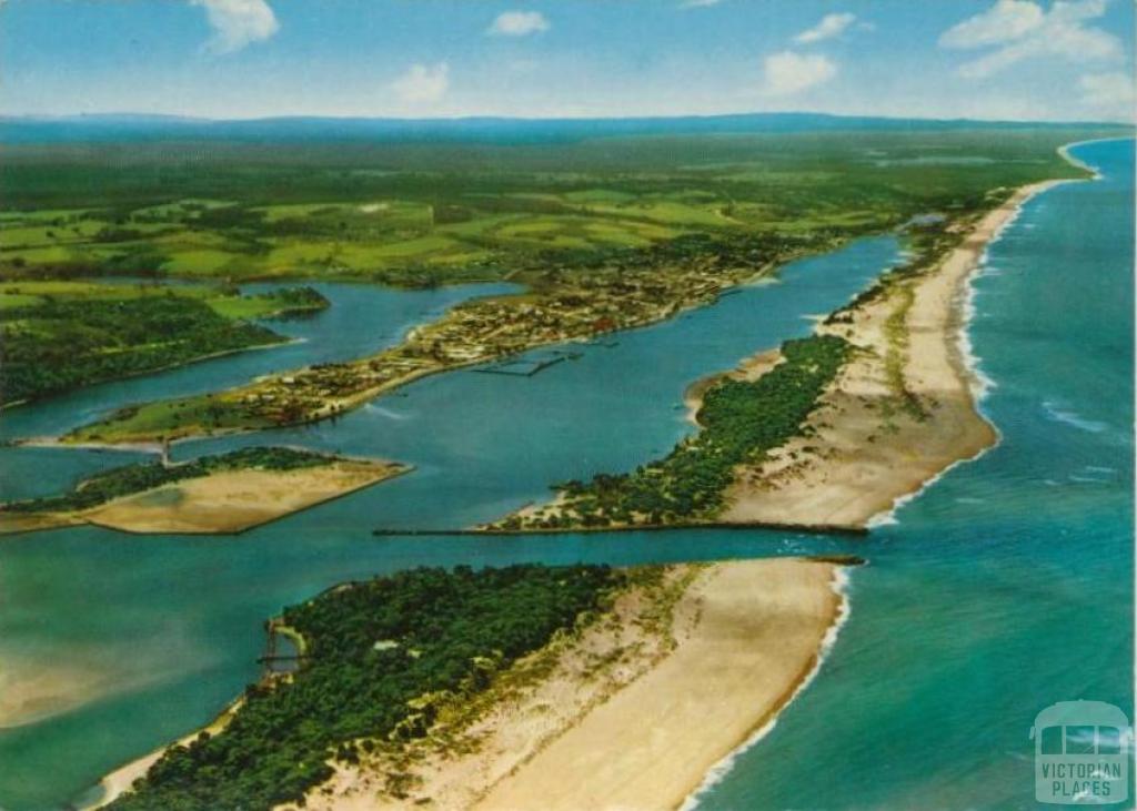Aerial view showing the Entrance with township in background, Lakes Entrance