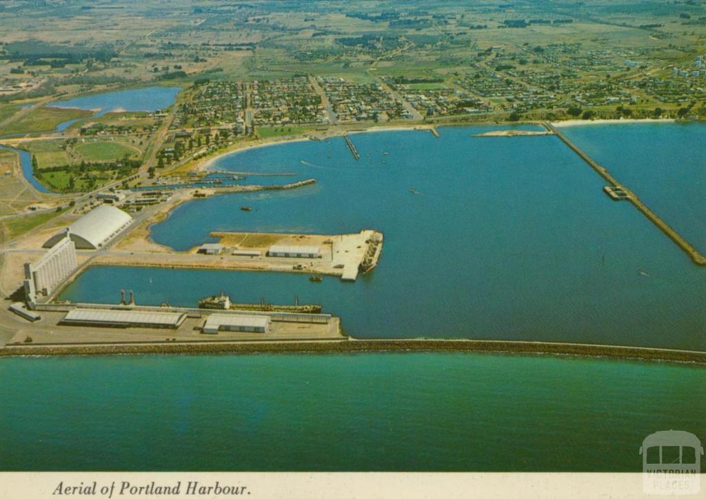Aerial of Portland Harbour with grain silos and K.S. Anderson Wharf