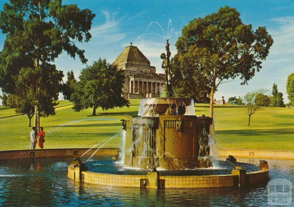 Shrine of Remembrance from south-west with Sir Macpherson Robertson Fountain, Melbourne