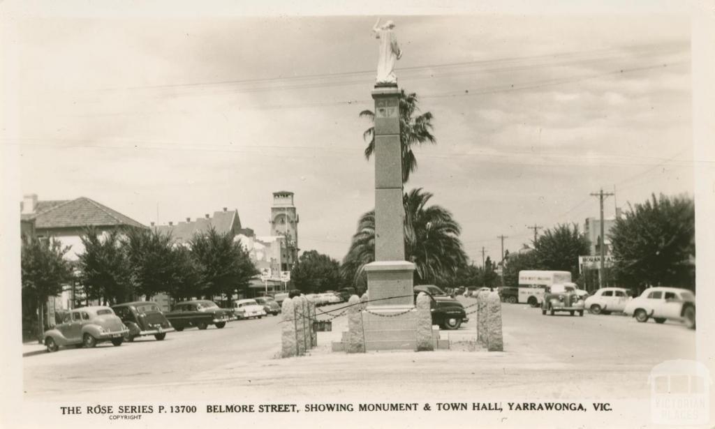 Belmore Street, showing monument and town hall, Yarrawonga