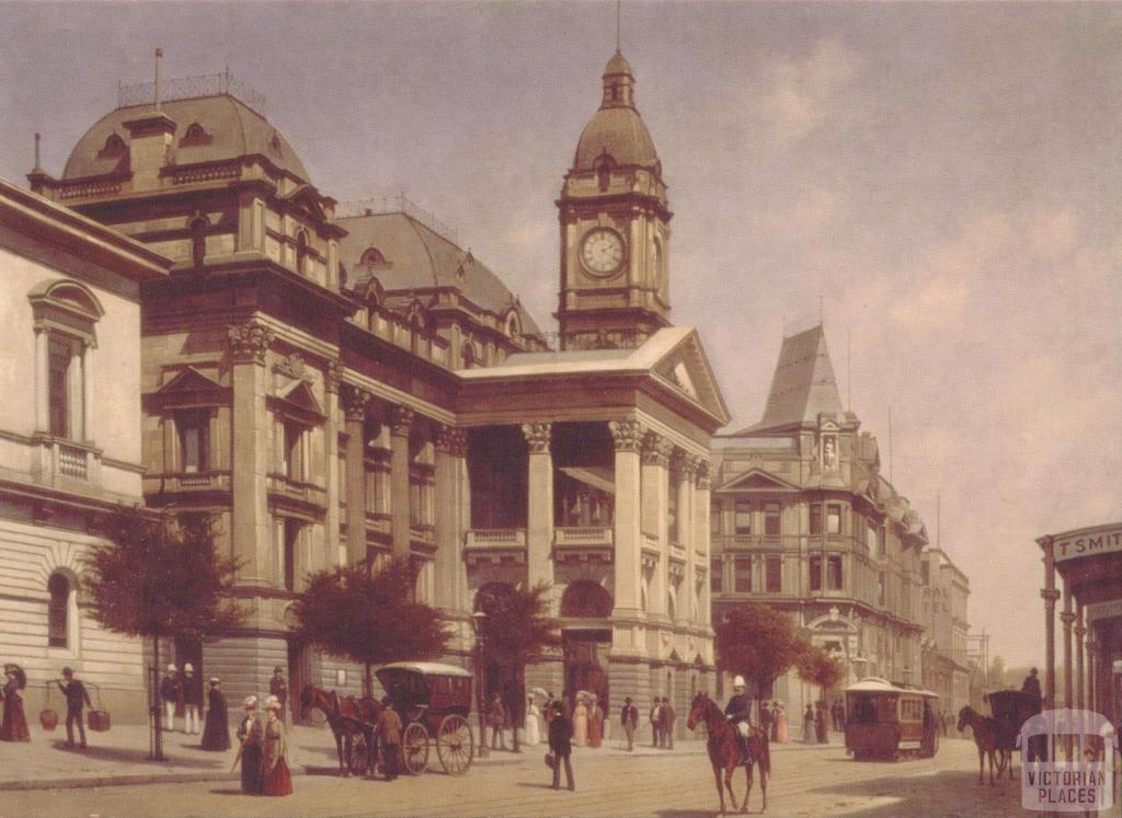 Melbourne Town Hall and Swanston Street, 1889