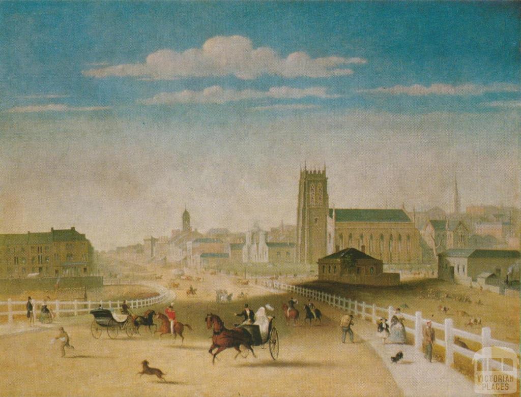 Swanston Street from Prince's Bridge, 1861