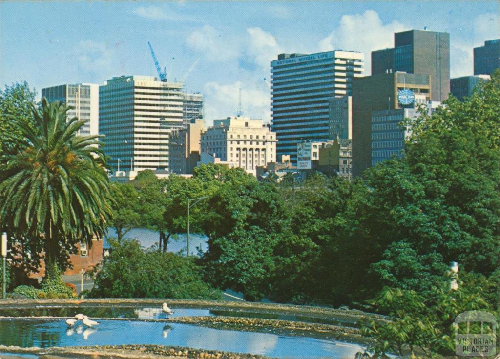 Melbourne skyline from Princes Gate Fountain, 1973