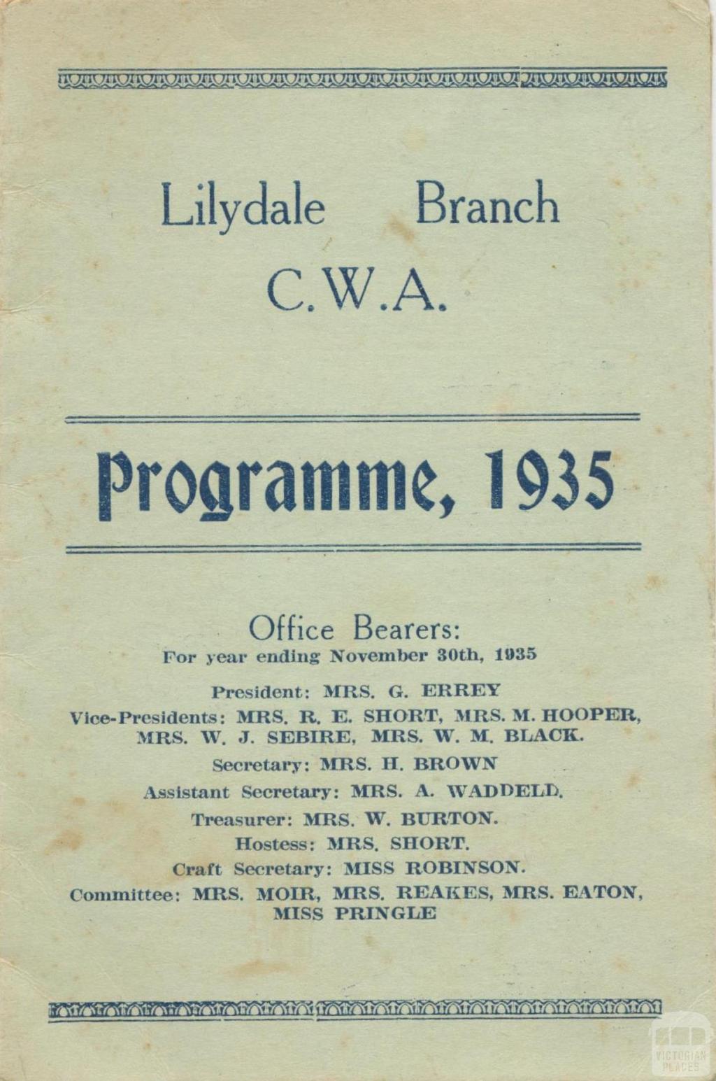 Lilydale CWA Branch, Programme, 1935